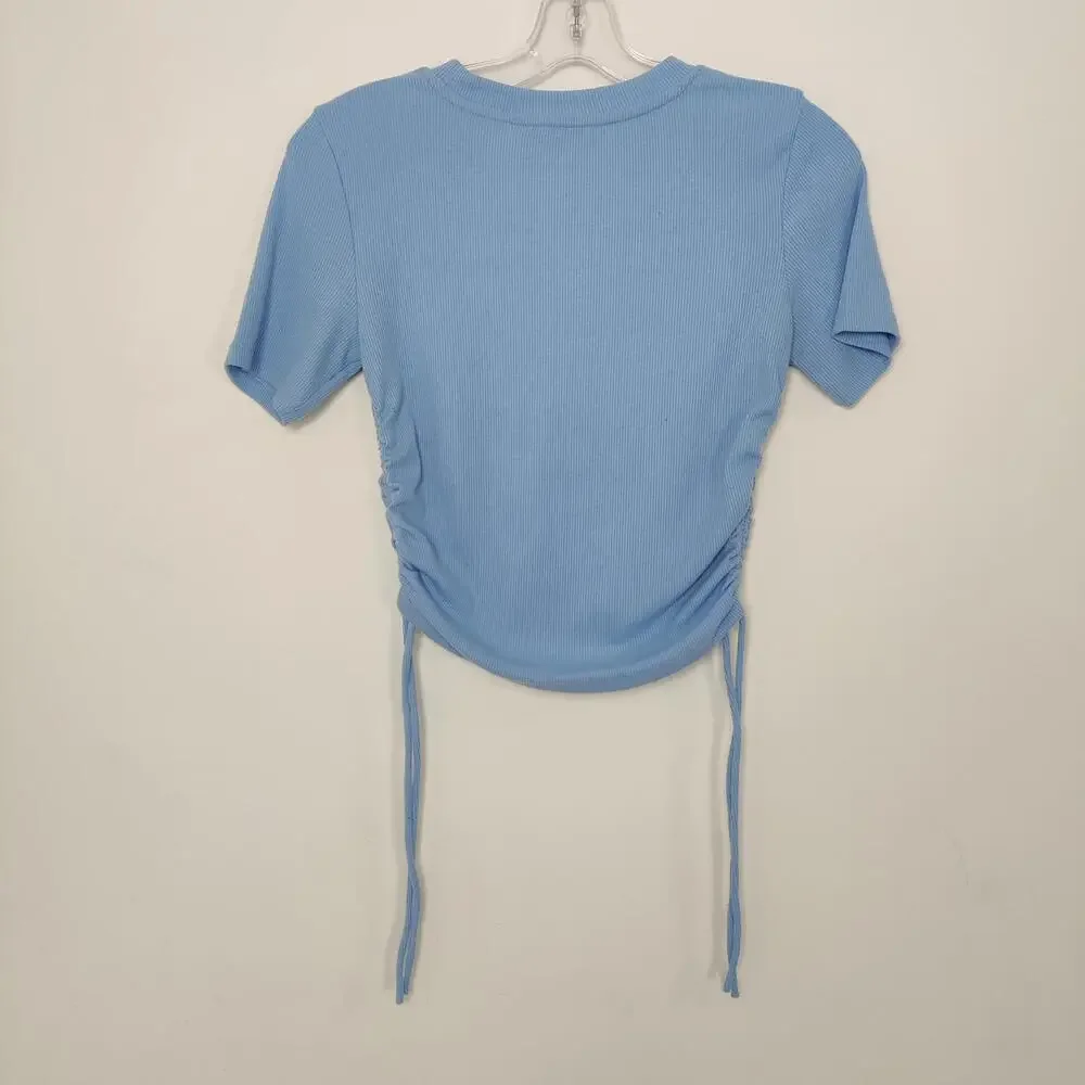 Zara Blue Ribbed Ruched Side Drawstring Top Short Sleeve Size Medium - Picture 4 of 7